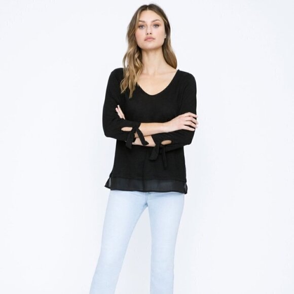 Sanctuary V Neck Black Sweater Top 3/4 Sleeve Lightweight Linen - Picture 2 of 9